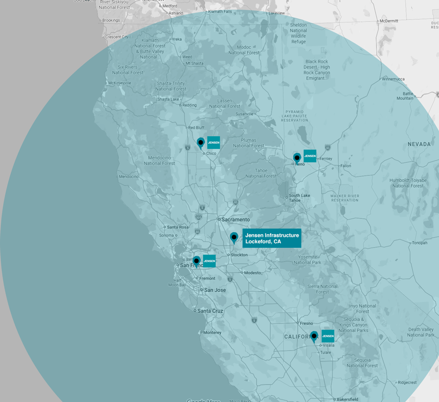 Jensen RCP service area map - 350 mile delivery radius from Lockeford CA